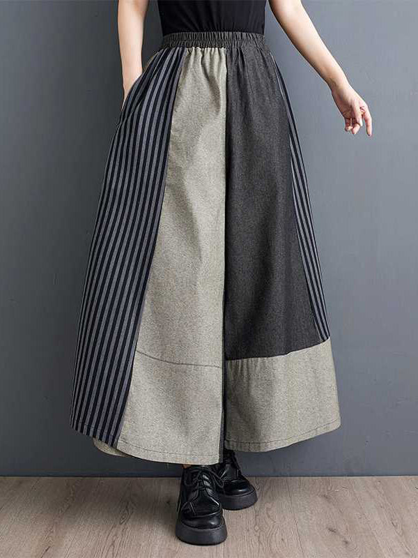 High Waisted Loose Elasticity Pockets Split-Joint Striped Pants Trousers