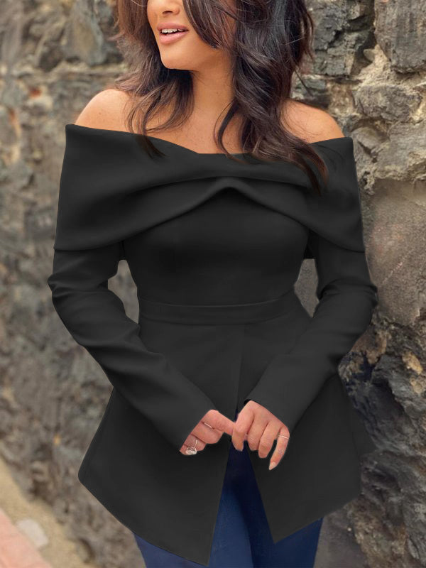 Long Sleeves Loose Pleated Solid Color Split-Front Off-The-Shoulder Blouses&Shirts Tops