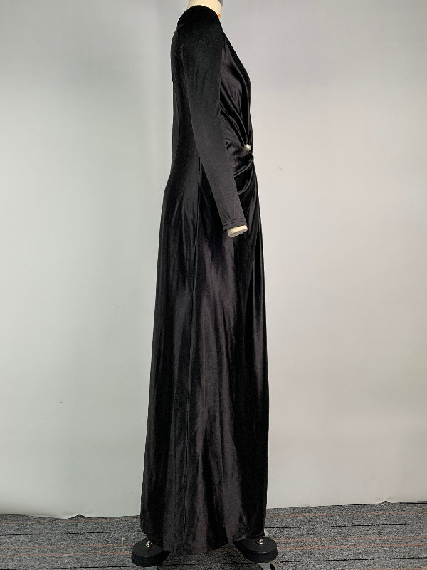 Solid Color Bodycon Long Sleeves Pleated  Split-Front Tied Waist Deep V-Neck Maxi Dresses