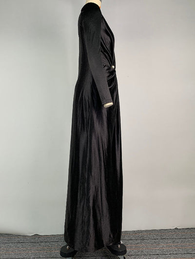 Solid Color Bodycon Long Sleeves Pleated  Split-Front Tied Waist Deep V-Neck Maxi Dresses