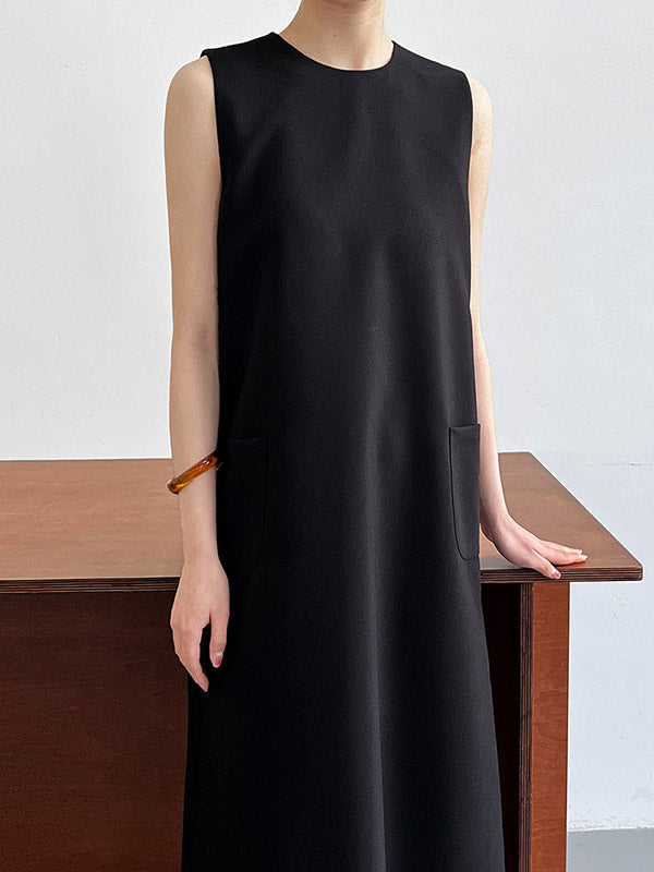 High Waisted Loose Pockets Solid Color Split-Back Zipper Round-Neck Midi Dresses