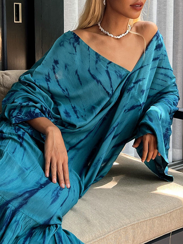 Loose Raglan Sleeve Printed Split-Joint V-Neck Maxi Dresses