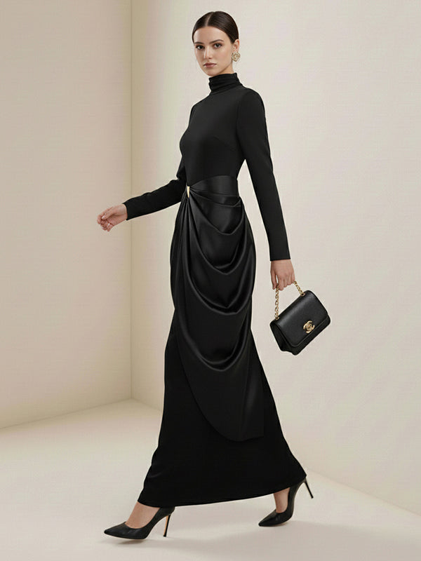 Long Sleeves Buckle Draped High-Neck Evening Dresses Maxi Dresses