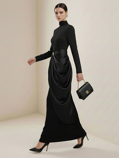 Long Sleeves Buckle Draped High-Neck Evening Dresses Maxi Dresses