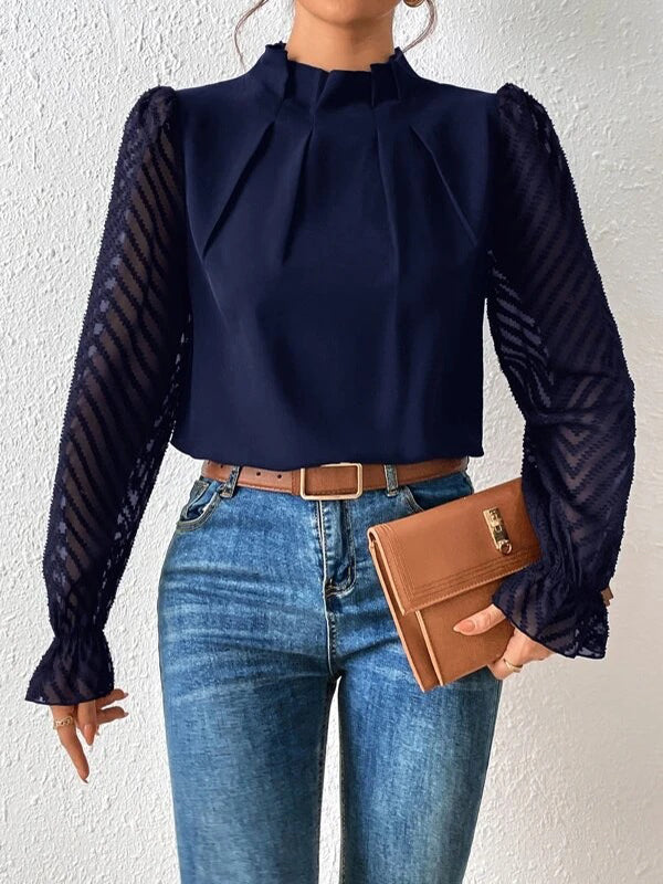 Long Sleeves Loose Elasticity Mesh Pleated Solid Color Mock Neck Blouses&Shirts Tops