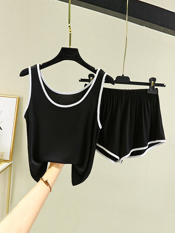 Home Wear Loose Sleeveless Contrast Color Round-Neck Vest&Shorts Pajamas Set