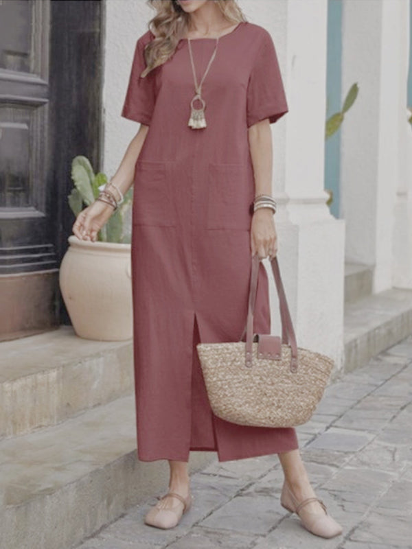 High Waisted Loose Pockets Solid Color Split-front Round-neck Midi Dresses