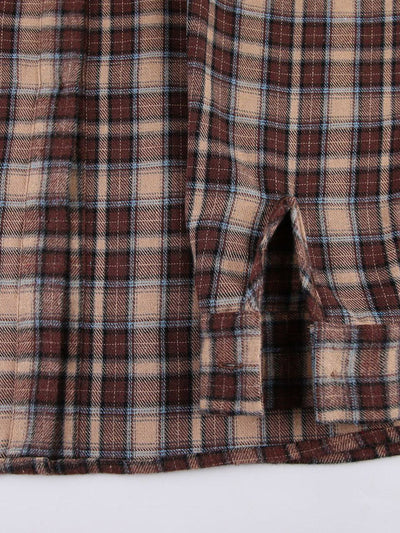 Long Sleeves Loose Buttoned Contrast Color Plaid Split-Joint Lapel Blouses&Shirts Tops Outerwear