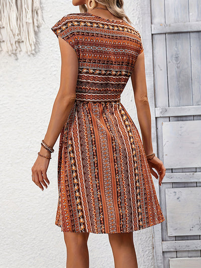 A-Line Loose Contrast Color Tied Waist Round-Neck Mini Dresses