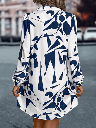 Loose Puff Sleeves Printed Split-Joint Lapel Mini Dresses Shirt Dress