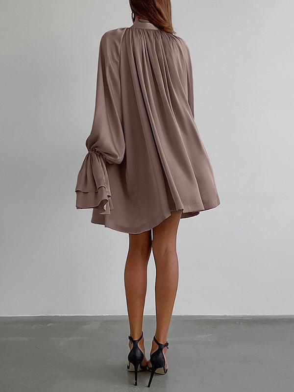 A-Line Flared Sleeves Buttoned Elasticity Pleated Solid Color Tied Zipper Stand Collar Mini Dresses