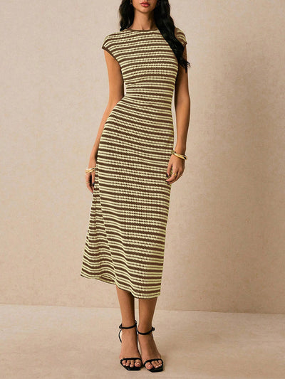 Sleeveless Contrast Color Split-Joint Striped Round-Neck Midi Dresses