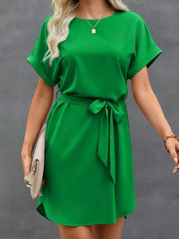 Loose Short Sleeves Solid Color Tied Waist Round-Neck Mini Dresses