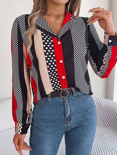 Long Sleeves Buttoned Contrast Color Polka-Dot Notched Collar Blouses&Shirts Tops