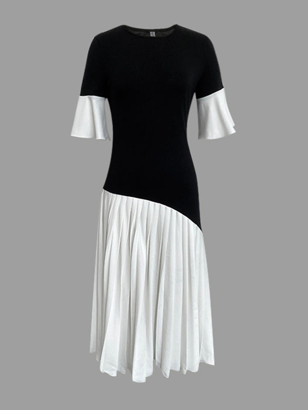 Flared Sleeves Half Sleeves Pleated Split-Joint Round-Neck Midi Dresses