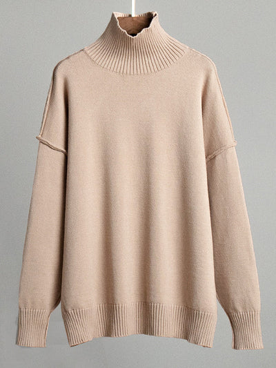 Long Sleeves Loose Solid Color Split-Joint High Neck Pullovers Sweater Tops
