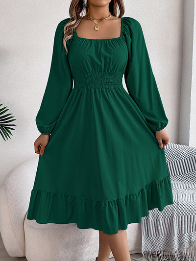 A-Line Elasticated Waist Pleated Ruffled Solid Color Square-Neck Midi Dresses