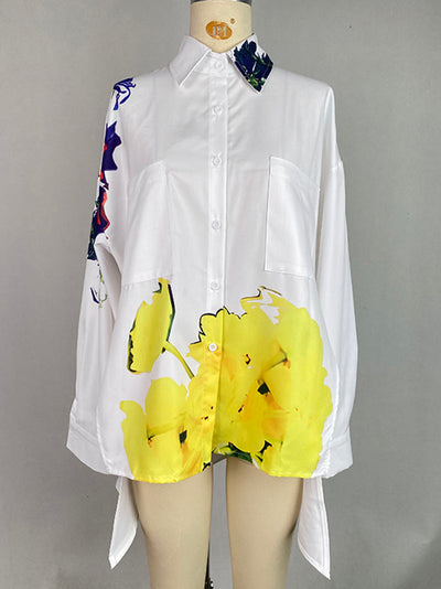 High-Low Long Sleeves Buttoned Flower Print Pockets Split-Side Stand Collar Blouses&Shirts Tops