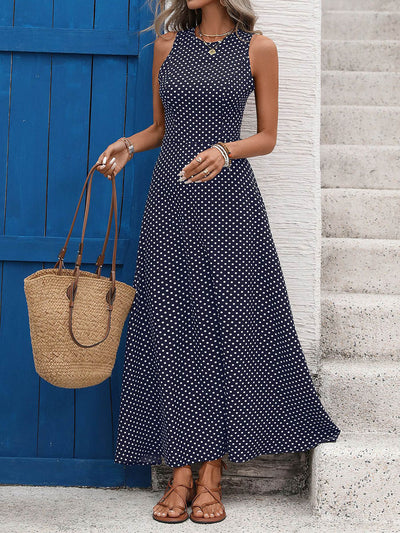 A-Line High Waisted Contrast Color Polka-Dot Round-Neck Maxi Dresses