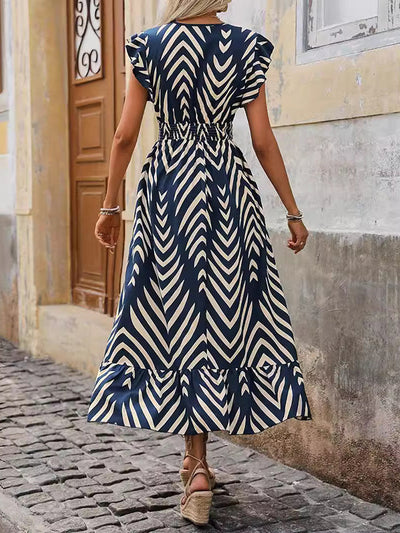 Flying Sleeves Loose Elasticity Printed Split-Joint V-Neck Maxi Dresses
