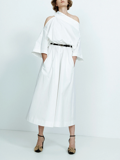 Long Sleeves Loose No Belt Solid Color Off-The-Shoulder Midi Dresses