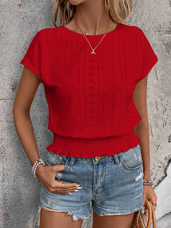 Loose Raglan Sleeve Elasticity Hollow Jacquard Solid Color Round-Neck T-Shirts Tops