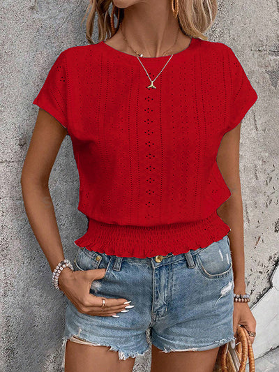 Loose Raglan Sleeve Elasticity Hollow Jacquard Solid Color Round-Neck T-Shirts Tops