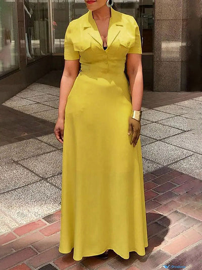 A-Line Loose Buttoned Pockets Solid Color Deep V-Neck Maxi Dresses