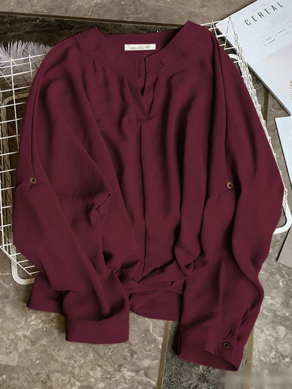 Casual Long Sleeves Loose Solid Color V-Neck Blouses&Shirts Tops