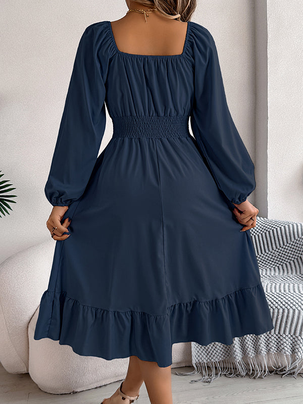 A-Line Elasticated Waist Pleated Ruffled Solid Color Square-Neck Midi Dresses