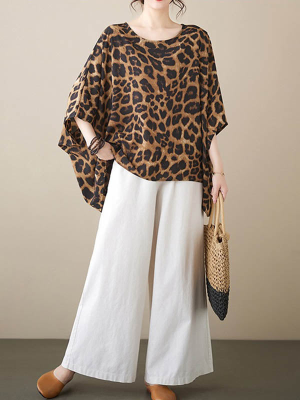 Batwing Sleeves Loose Leopard Round-Neck T-Shirts Tops