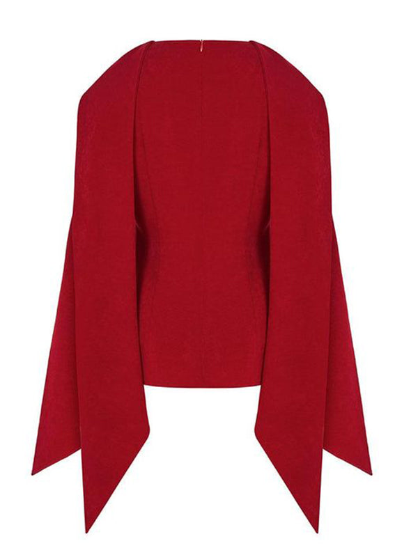 Flared Sleeves Long Sleeves Solid Color Zipper Boat Neck T-Shirts Tops