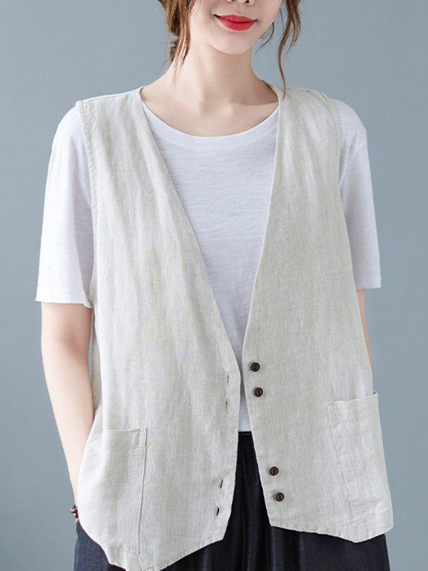 Simple Loose V-Neck Solid Color Vest