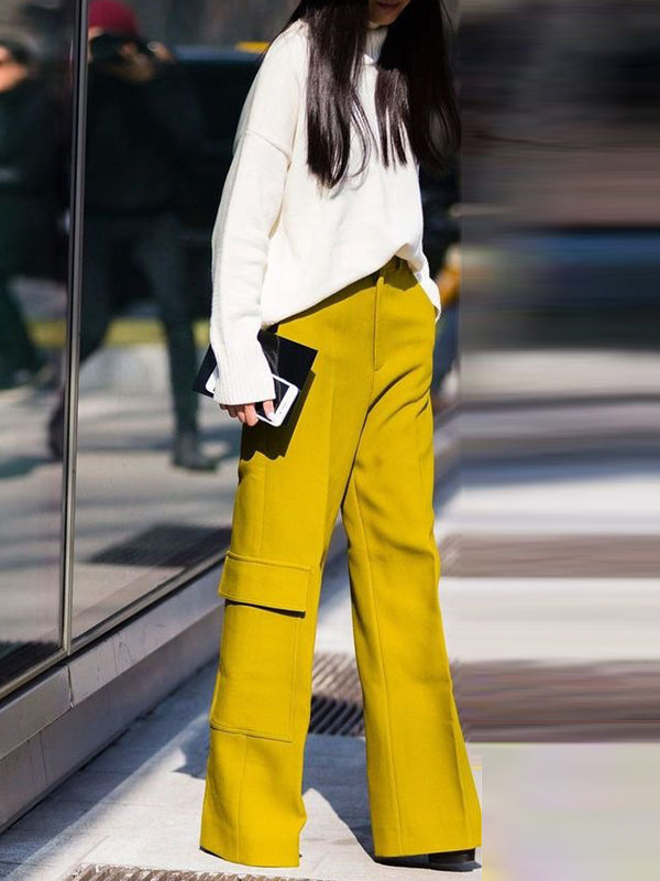 High Waisted Loose Solid Color Split-Joint Pants Trousers