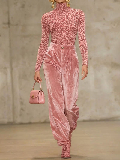 High Waisted Pleated Pockets Solid Color Velvet Pants Trousers
