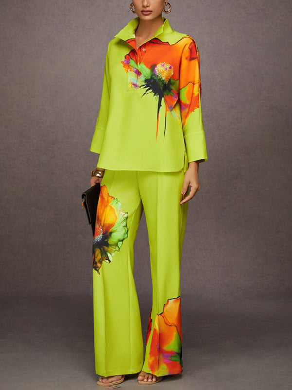 Long Sleeves Loose Buttoned Flower Print Stand Collar Blouses&Shirts Tops