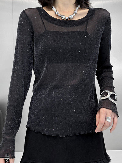 Long Sleeves Loose See-Through Shiny Round-Neck T-Shirts Tops
