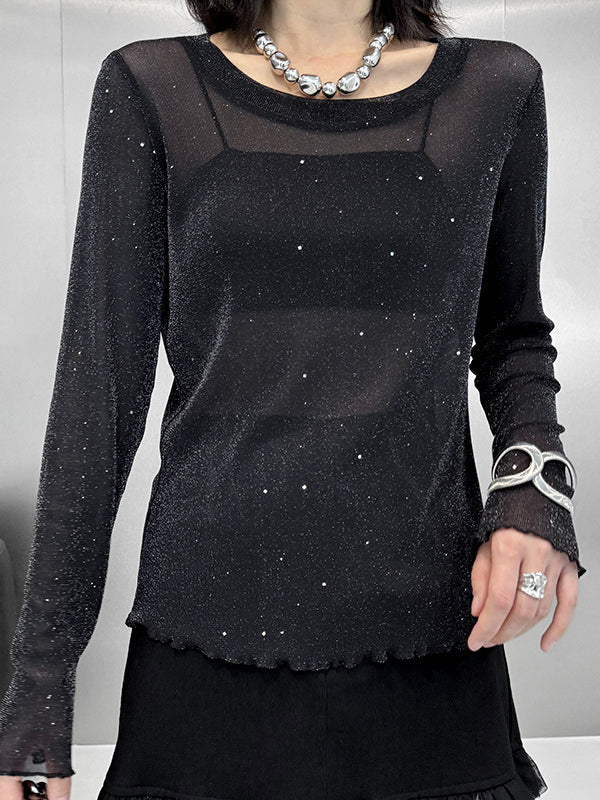 Long Sleeves Loose See-Through Shiny Round-Neck T-Shirts Tops