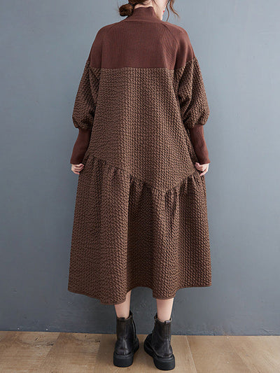 Casual Long Sleeves Loose Split-Joint Jacquard High-Neck Sweater Dresses