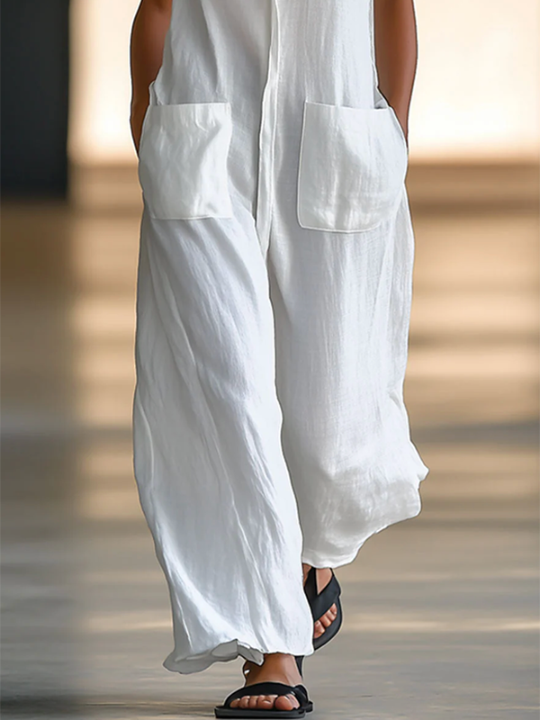 Loose Sleeveless Solid Color Split-Joint Round-Neck Jumpsuits