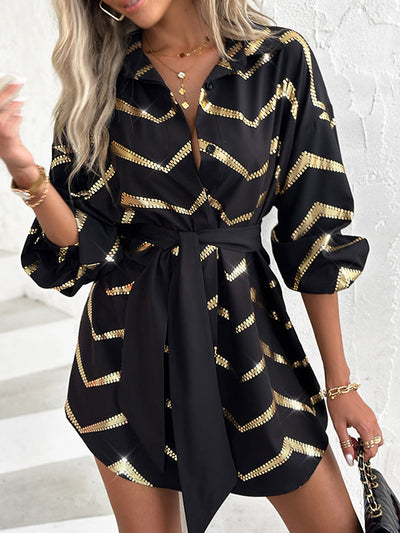 Long Sleeves Loose Buttoned Elasticity Striped Tied Waist Lapel Mini Dresses Shirt Dress