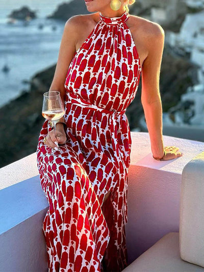 High Waisted Sleeveless Contrast Color Printed Split-Joint Split-Side Tied Waist Halter-Neck Maxi Dresses