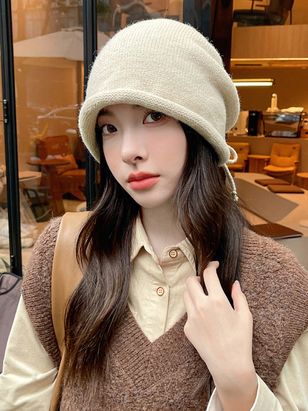 Drawstring Keep Warm Solid Color Tied Knitted Hats