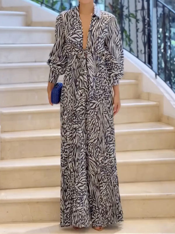 Loose Puff Sleeves Pleated Printed Split-Joint Deep V-Neck Jumpsuits