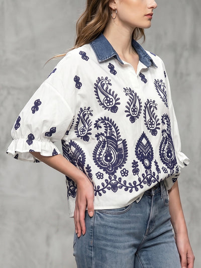 Ruffle Sleeves Three-Quarter Sleeves Embroidered Pleated Split-Joint Lapel Blouses&Shirts Tops