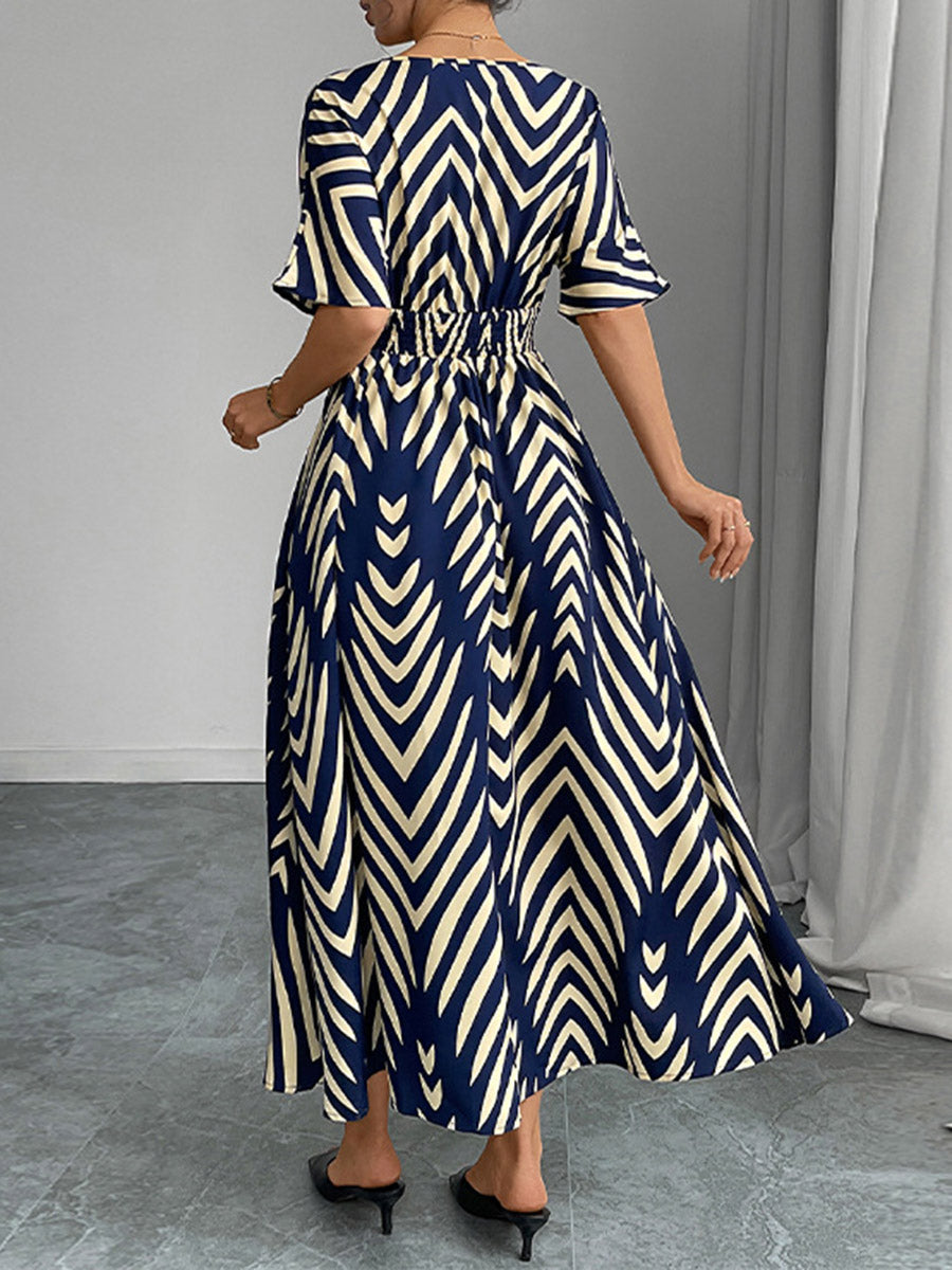 Elasticated Waist High Waisted Contrast Color Geometric Printed Split-Joint V-Neck Maxi Dresses