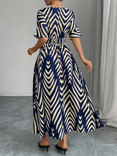 Elasticated Waist High Waisted Contrast Color Geometric Printed Split-Joint V-Neck Maxi Dresses