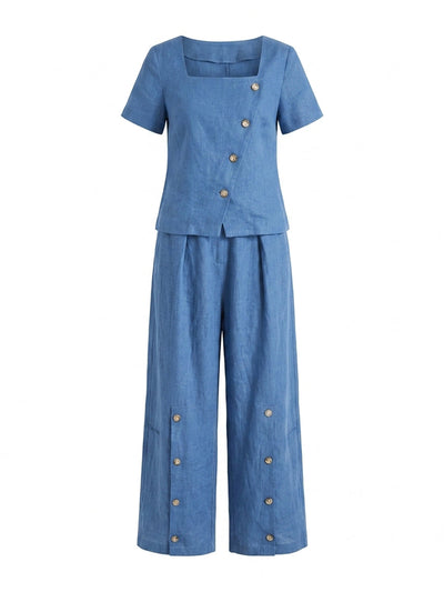Loose Wide Leg Buttoned Pockets Solid Color Pants Trousers
