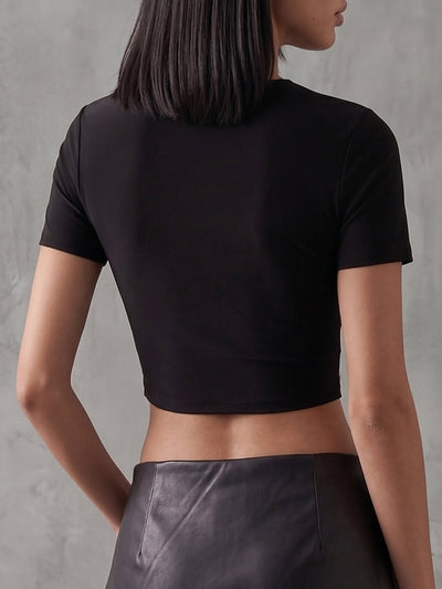 Cropped Short Sleeves Hollow Solid Color Round-Neck T-Shirts Tops