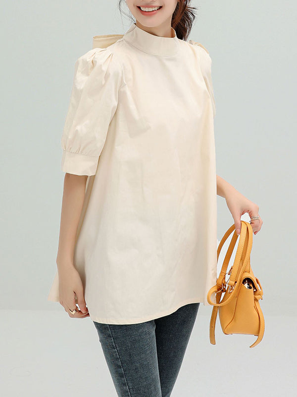 Casual Loose Bow-Embellished Solid Color Blouse